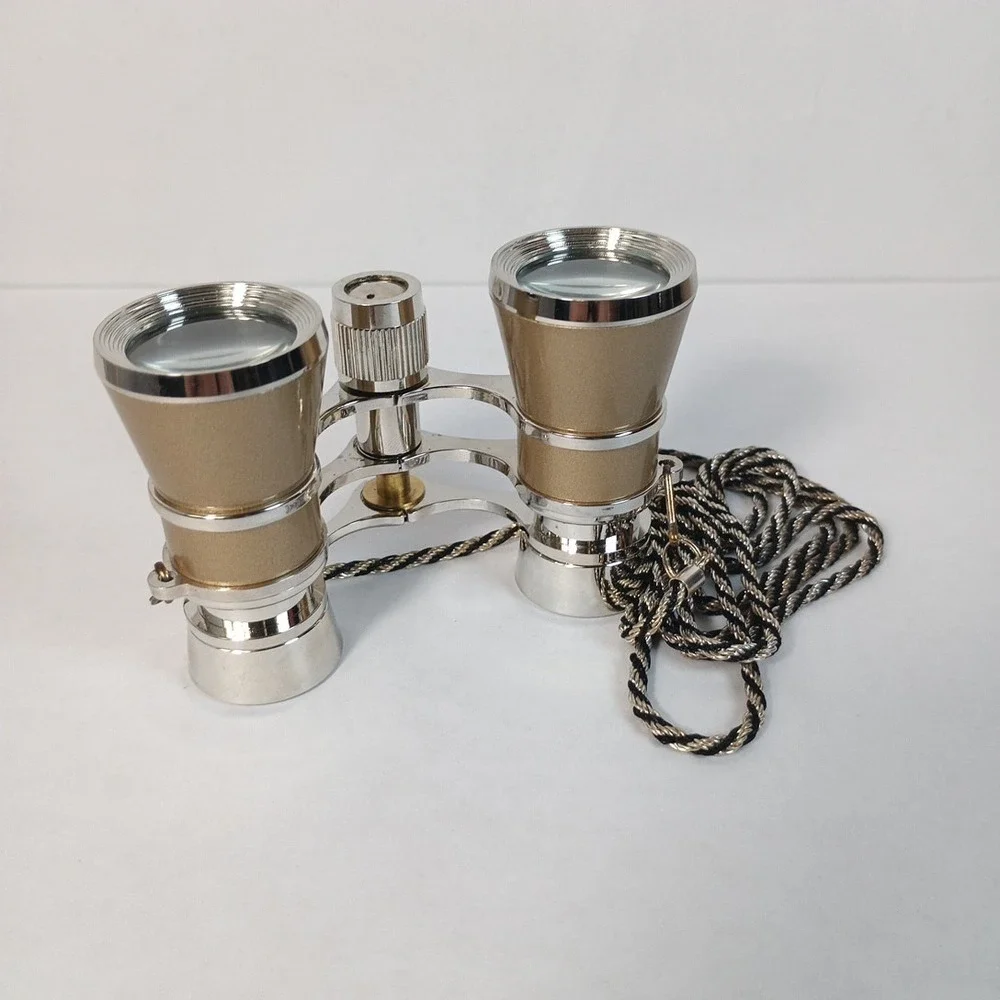 Opera Theater Glass Binocular 3X25 Golden Silver with Metal Chain Steampunk